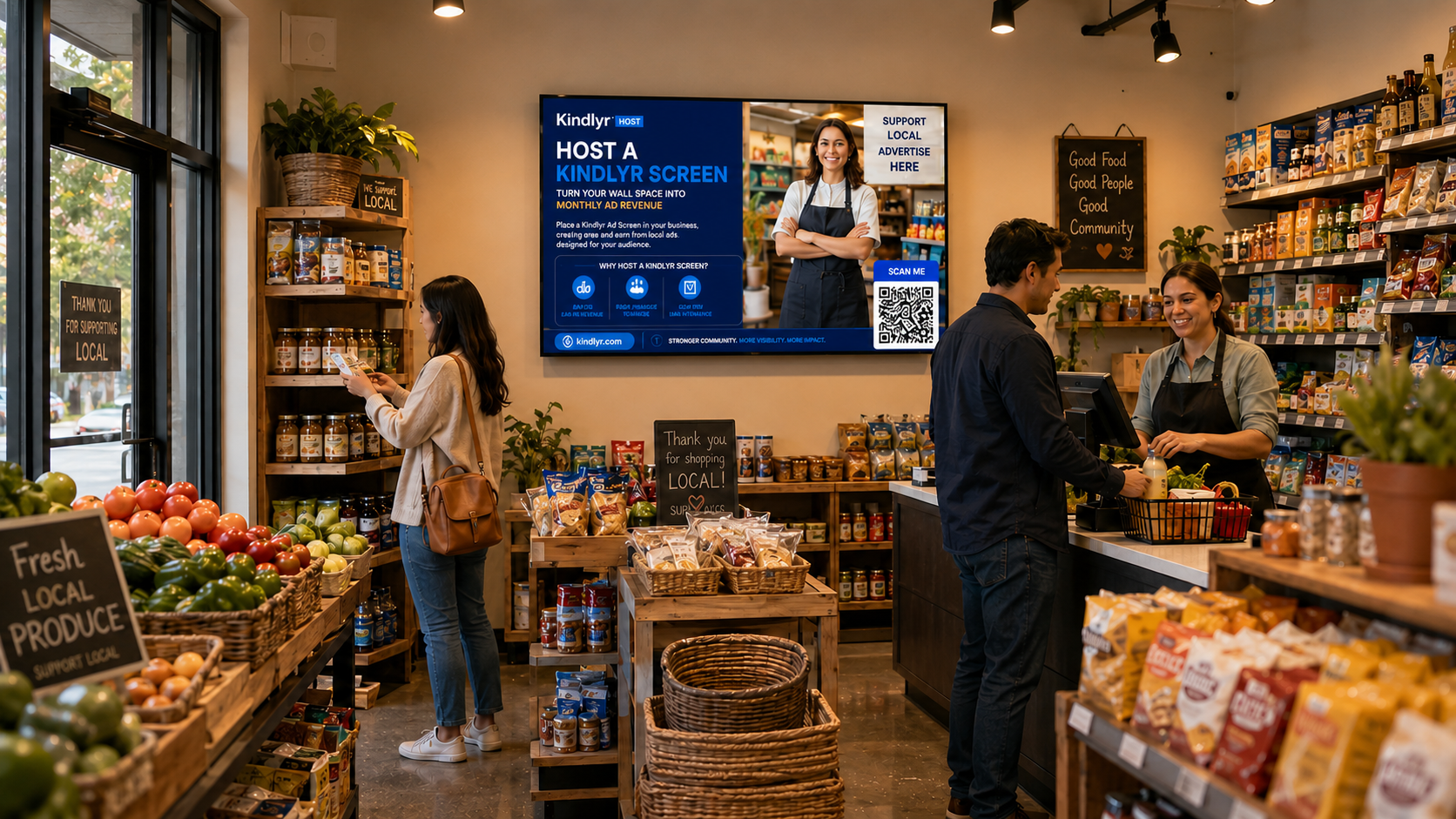 Kindlyr Ads host screen mounted inside a local grocery store with shoppers and checkout activity.