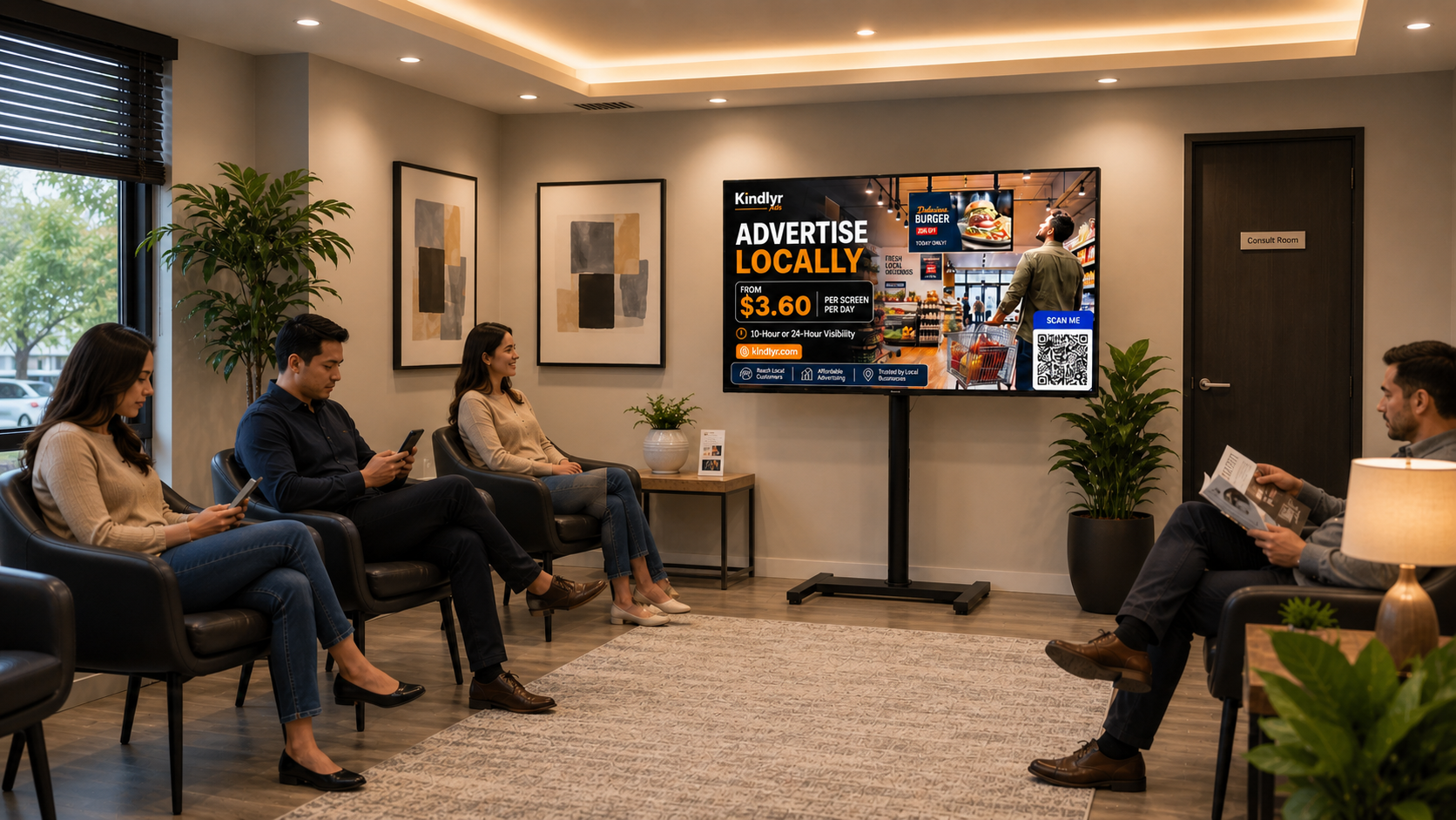 Kindlyr Ads local advertising screen displayed in a professional waiting room with seated visitors.
