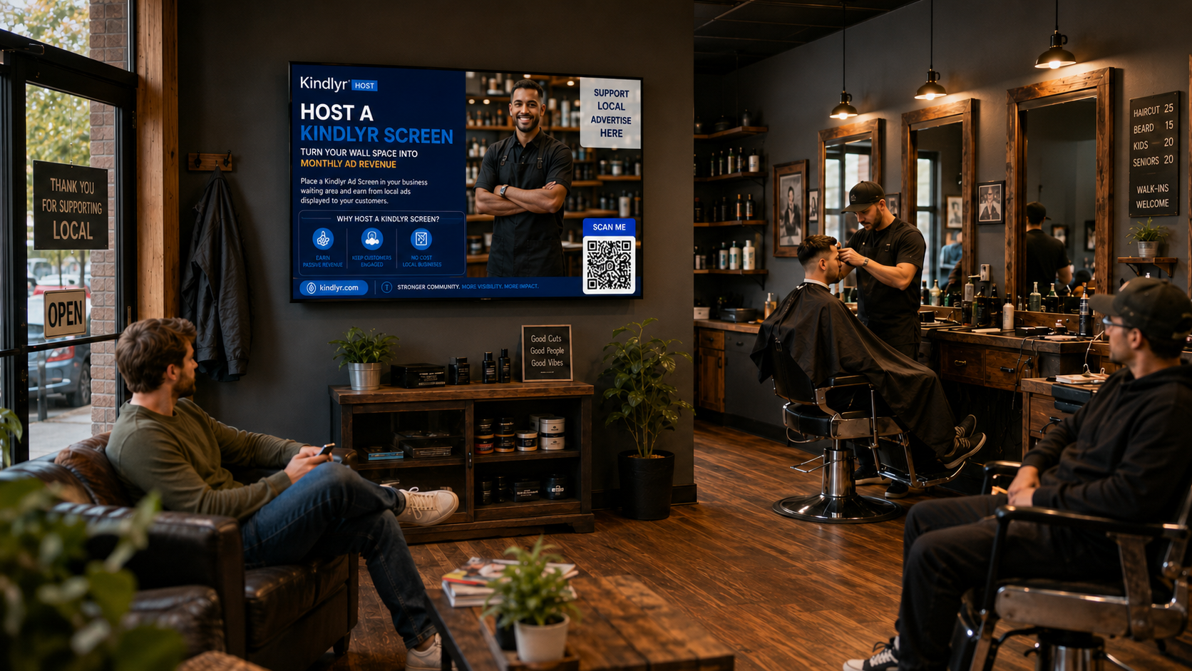 Kindlyr host advertising screen displayed in a barbershop with customers waiting and a barber working.