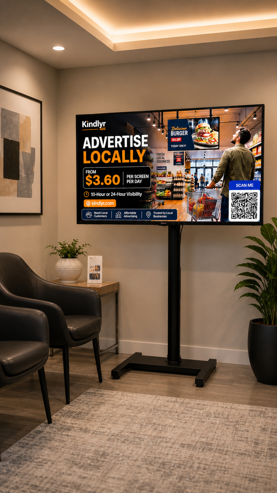 Kindlyr digital advertising screen installed in a local business