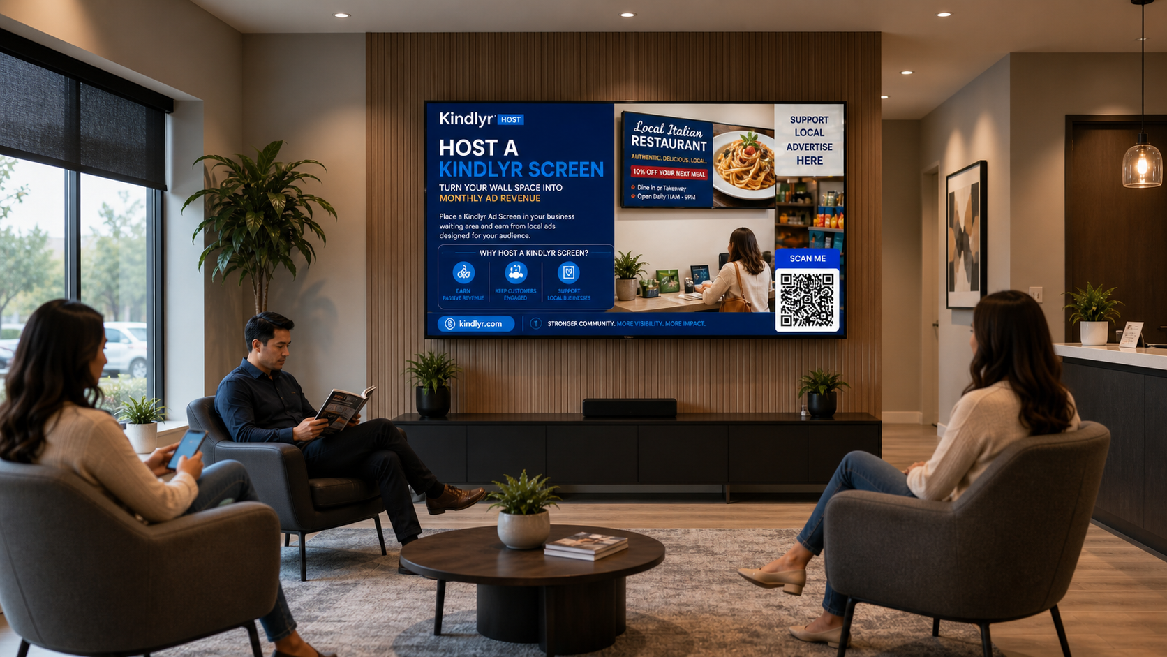Kindlyr host advertising screen mounted in a professional waiting room with seated visitors.